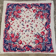 Vintage Floral Fruit Berry Cotton Square Tablecloth Red Navy Blue White 36x36 picture