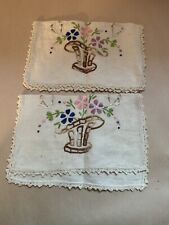 Old Handmade Embroidered Linen set of 2 Flower Bouquets picture