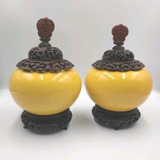 Antique Roseville Pottery Yellow Ginger Jars W/ Custom Carved Wood Lids & Bases picture