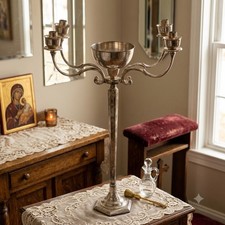 VTG Church Altar Holy Water Font & Candelabra, 33 3/4