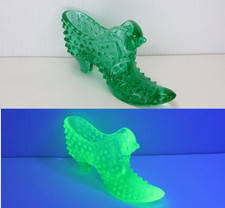 RARE Vtg Fenton Uranium UV Glass Slipper Shoe Boot GLOWS Green Hobnail Cat Head picture