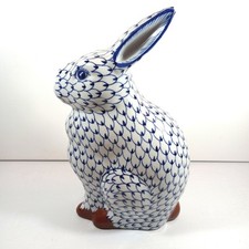 Vintage Blue White Fishnet Porcelain Rabbit Figurine 14'' Bunny Good Chinoiserie picture