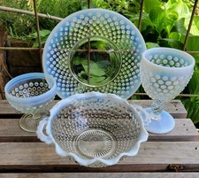 4 Pieces Fenton Hobnail Moonstone Opalescent Goblet Dessert Cup Plate Candy Dish picture