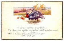 1924 Happy Thanksgiving, Turkey, Corn Stalks, Colored Leaves, Country Scene PC picture