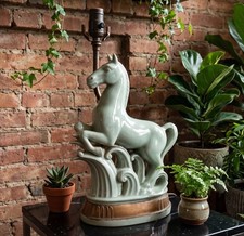 1930s Vtg European Art Deco Celadon Porcelain Figural Sculpture Horse Table Lamp picture