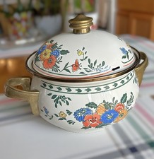 Vtg 2 Qt  M. Kamenstein Floral Enamel Casserole Pot W/Lid 1980 Brass Handles picture
