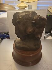 Ceramic Bison Head Figure Of 2  Buffalo Bust Never Forget On Wood Base. picture