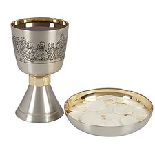 Last Supper Sudbury Brass Etched Chalice and Bowl Paten Set 4 Inch x 7 Inch picture