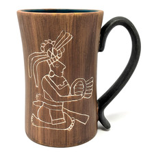 Vtg Leopoldo Pottery Terracotta Red Clay Mug | Mayan Figure, Mexican Folk Art picture