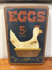 Vintage Wagenhals Studio Hand Carved Painted Wood Sign Chicken Eggs 5c Farmhouse picture