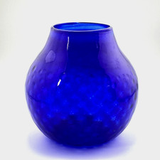 Vintage Cobalt Blue Glass Vase Thumbprint Diamond Optic Hand Blown Art picture