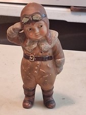 Antique 1920s BISQUE PORCELAIN GIRL AVIATOR SALUTING FIGURINE SCARCE picture