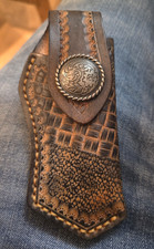 Vintage Brown Leather Folding Pocket Knife Sheath/Pouch  Basketweave Concho Snap picture
