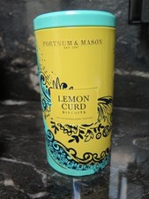 Blue Yellow Tall TIN Fortnum & Mason Lemon Curd Biscuits Cookie EMPTY Clean picture
