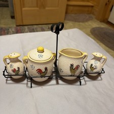 Rooster Salt, Pepper & Sugar Creamer Set w/ Tray.  Adorable set picture