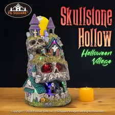 FG Square Skullstone Hollow Skull Theme Spooky Halloween Village Decor 8x8x14