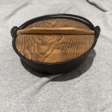 Vintage Japanese Oigen Nambu Ironware Cast Iron Nabe Pot w/ Wood Lid 9.5” picture