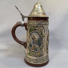 Vintage Gerz West Germany Beer Stein Hand Painted Alpine Courtship Relief Pewter picture