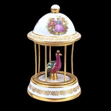 Limoges Porcelain Bird In Cage Vtg France Garden Floral Peacock Courting Couple picture