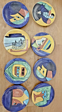 Striking Set of 8 Vintage Hand-Painted Mexican Art Pottery Plates picture
