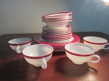 Vtg 1950's Pyrex Red/Maroon Band Gold Trim 20 pc Luncheon Dish Set Milk Glass picture