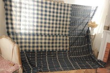 Pieced Curtain Antique Ikat + Vichy Check timeworn panel c1800 blue primitive picture