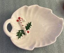 VTG Christmas Holly Candy Dish White Ceramic Leaf Trinket Plate Holiday Decor picture