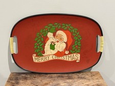 Vintage Pipe Smoking Santa Serving Tray Merry Christmas Retro MCM Platter Red picture