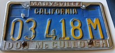 Vintage Marysville CA McCullough Dealership License Plate Frame Metal Raised picture