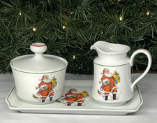 Vintage JKW Bavaria Santa Creamer Sugar Bowl Tray Set Christmas Green Rim picture