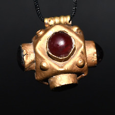 Genuine Ancient Roman Solid Gold Pendant with Garnet Stone Inlay Ca. 1st Century picture