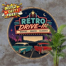Drive-In Movie Theater Theme Round Metal Sign Retro Cinema Wall Decor Plaque 8x8 picture