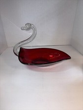 Vintage DUNCAN MILLER Ruby Red and Clear Glass Swan Dish/bowl tabletop decor picture