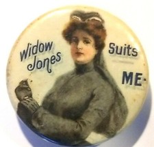 1890's Widow Jones Suits of Maine Chromolitho Shirt Place Holder Button Pinback picture