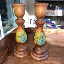 Vintage 1981 Hand Painted Wooden Candlestick Holders Matching Pair Signed B '81 picture
