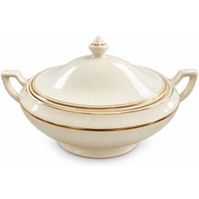 Vintage Cream Crackle Glaze Covered Tureen Gold Trim Double Handle Serving Bowl picture
