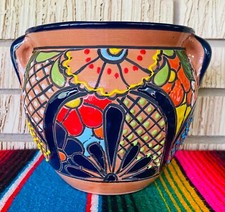 Lg  MEXICAN TALAVERA Folk Art POTTERY FLOWER POT PLANTER CERAMIC #15 picture