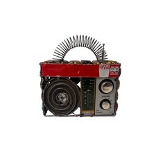 Handcrafted Recycled Coca-Cola Bottle Cap Folk Art Radio Sculpture Red Multi picture