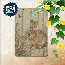 Charming Farmhouse Rabbit Metal Wall Sign Vintage Easter Bunny Tin Plaque Decor picture