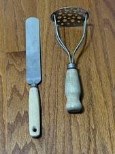 Vtg Wood Handled / Metal Ferrule Potato masher & Large Stainless Steel Spreader picture