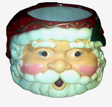 VINTAGE CERAMIC SANTA HEAD PLANTER BASKET WITH METAL SWING HANDLE. picture