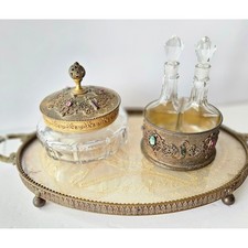 Antique E&J B Empire Art Gold Jeweled Vanity Set Tray Perfume Bottles Powder Jar picture