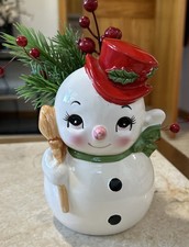 Vintage Lefton Anthropomorphic Snowman Ceramic Christmas Winter Planter Kitsch picture