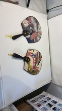 Vintage Korean Silk Hand Fans Set of 2 Traditional Folk Art Uchiwa Style picture