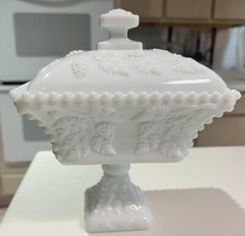 Westmoreland Large Milk Glass Beaded Grape Square Pedestal Compote 9” UV Glow picture