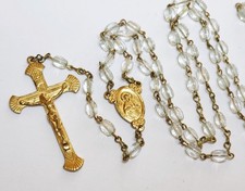 Vintage Five-Decade Catholic Rosary Clear Glass Beads Gold Tone Pouch picture