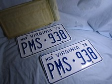 NOS  1975 VIRGINIA License Plate Tag #PMS-938 Antique UNUSED Pair Set picture