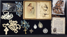 Vintage Catholic Devotional Estate Lot Rosaries Medals Crucifixes picture