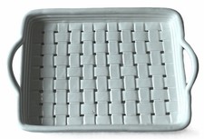 Vtg White Glossy Ceramic Woven Rectangular Tray w/ Handles Basketweave 15