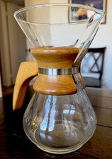 Vintage MCM Glass Pour Over Coffee Maker Wood Handle 1960s 8.25 Inches, 32 Oz picture